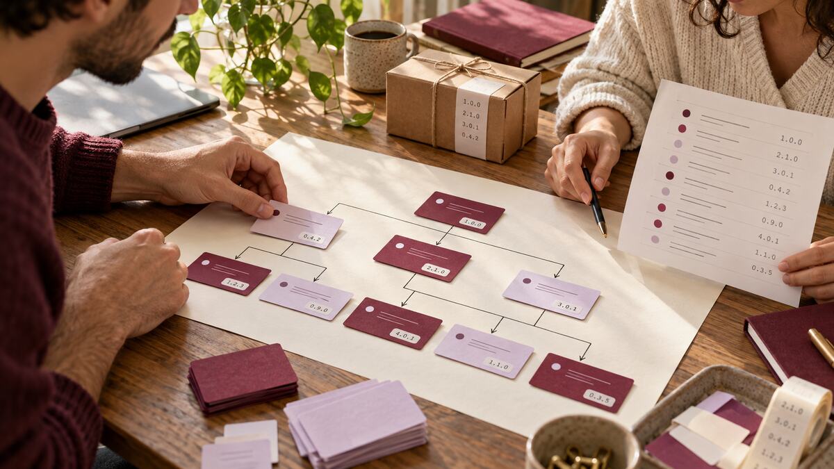 Two engineers arrange software component cards into a dependency tree while checking an inventory sheet.