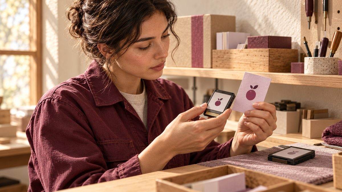 A woman at a wooden workbench compares a storage module with a lilac card bearing the same burgundy symbol.
