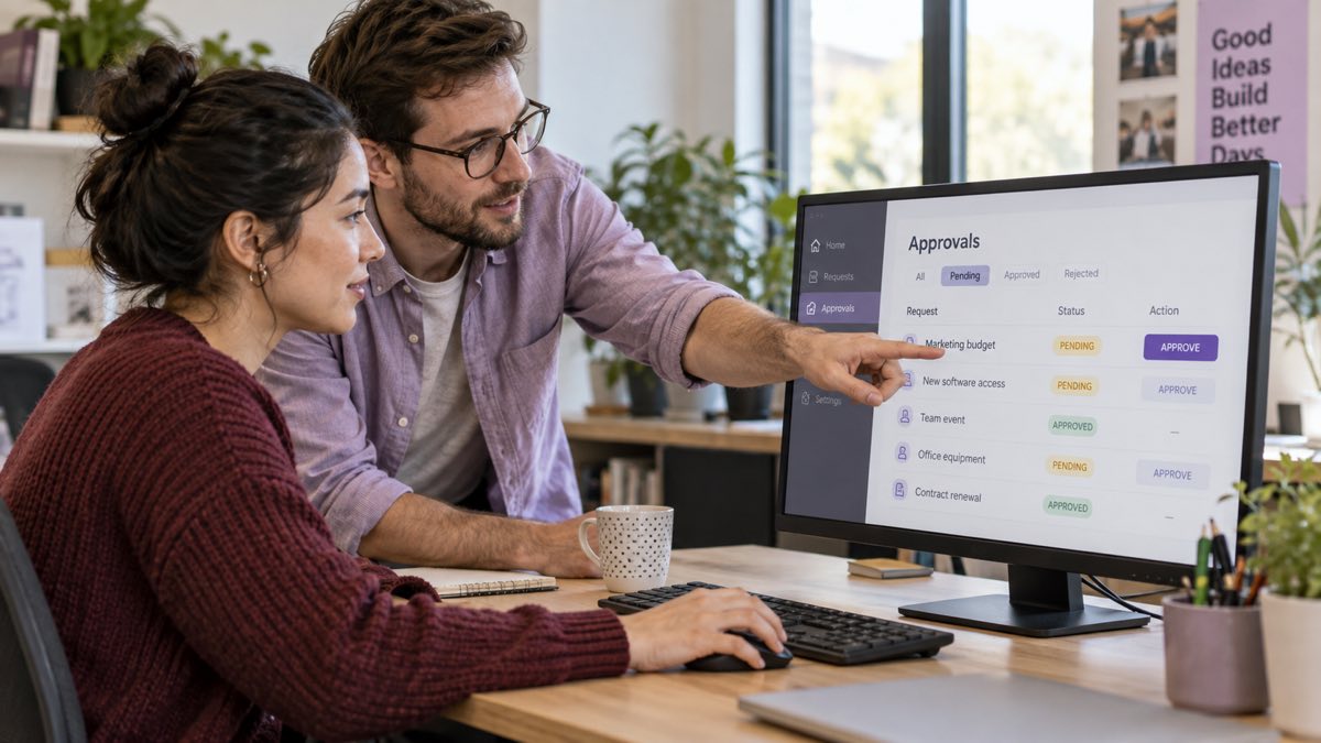 Colleagues reviewing requests in an internal approval tool