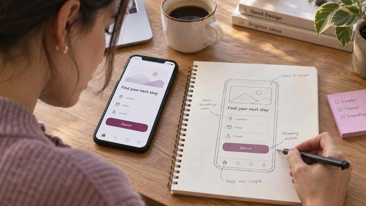 Designer comparing a mobile interface with a paper sketch