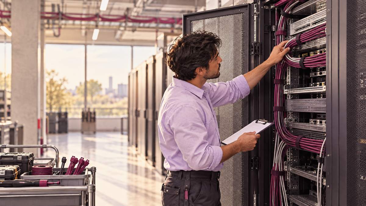 A technician checks cables and a clipboard in a server room.
