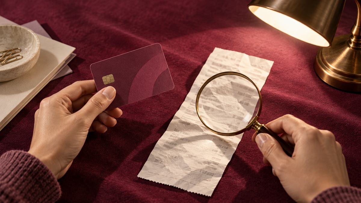 Hands inspect a bank card and a receipt under a desk lamp.