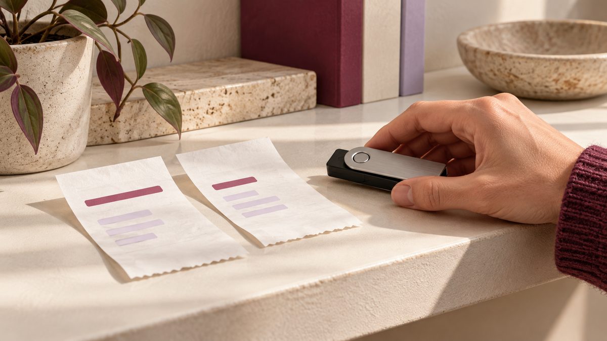 A hand compares a hardware wallet with two transaction fee receipts.