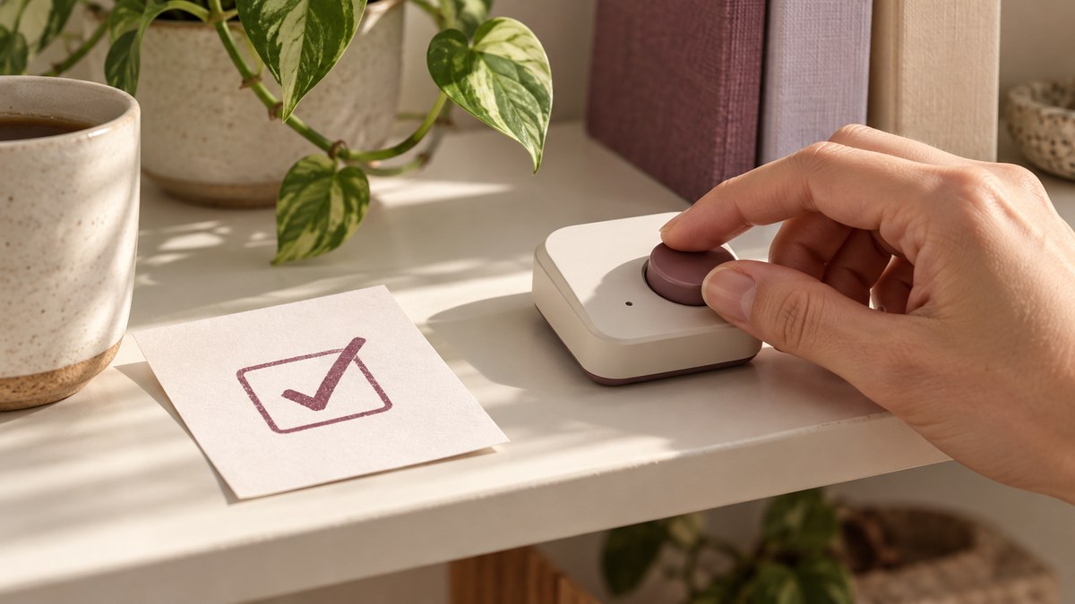 A hand operates a small single-purpose device beside a task card.