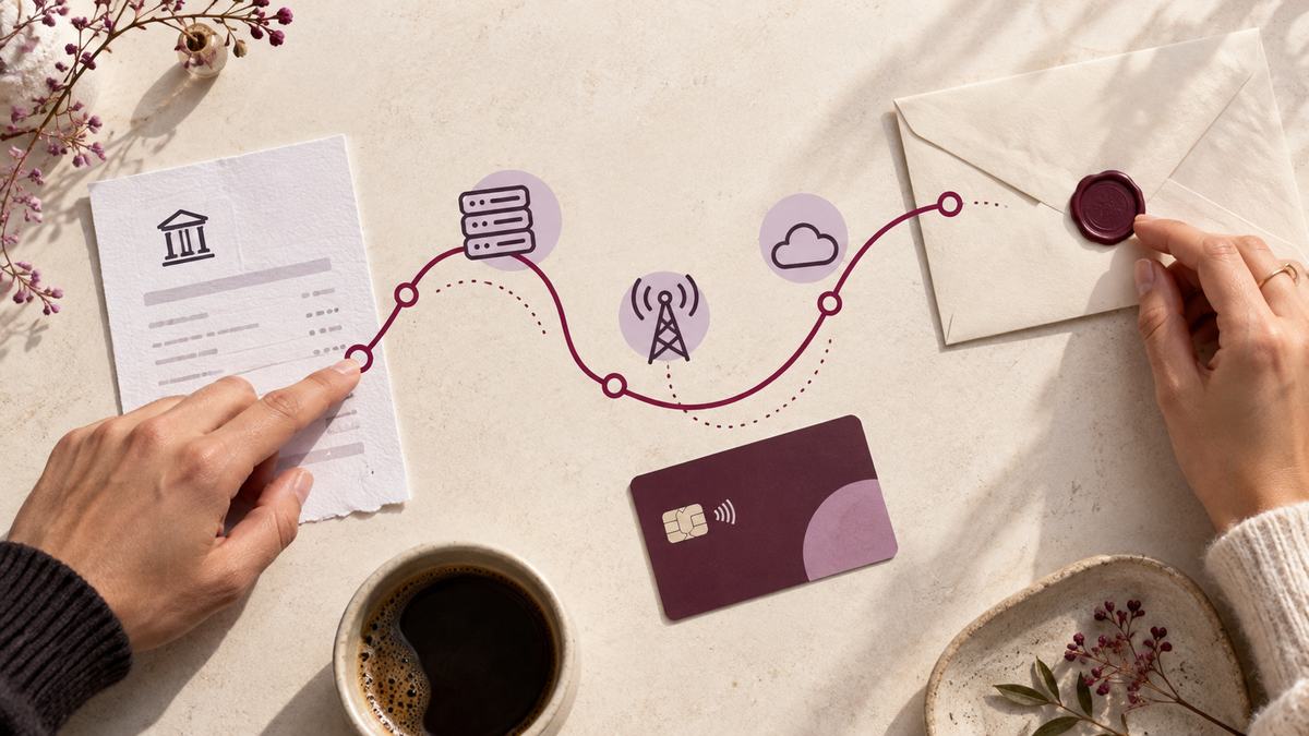 Hands follow a transfer route between a bank card, receipt and recipient envelope.