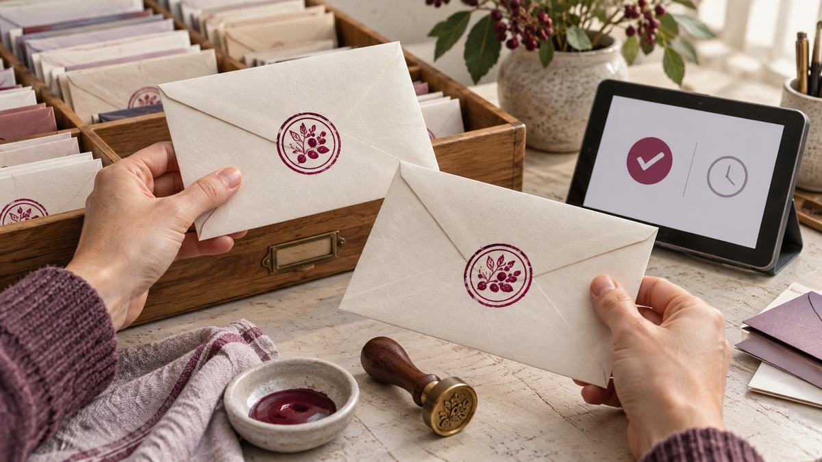 Hands compare matching stamped envelopes beside a delivery check and clock.