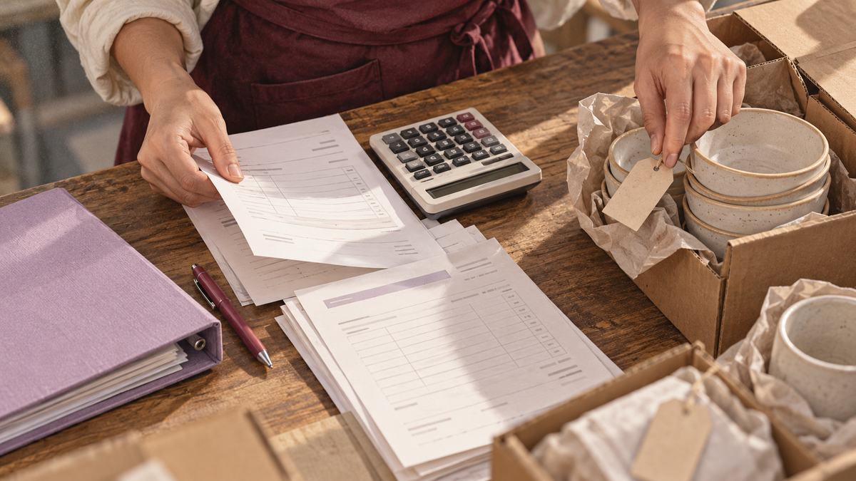 A small business owner reviews invoices beside packed ceramic orders.