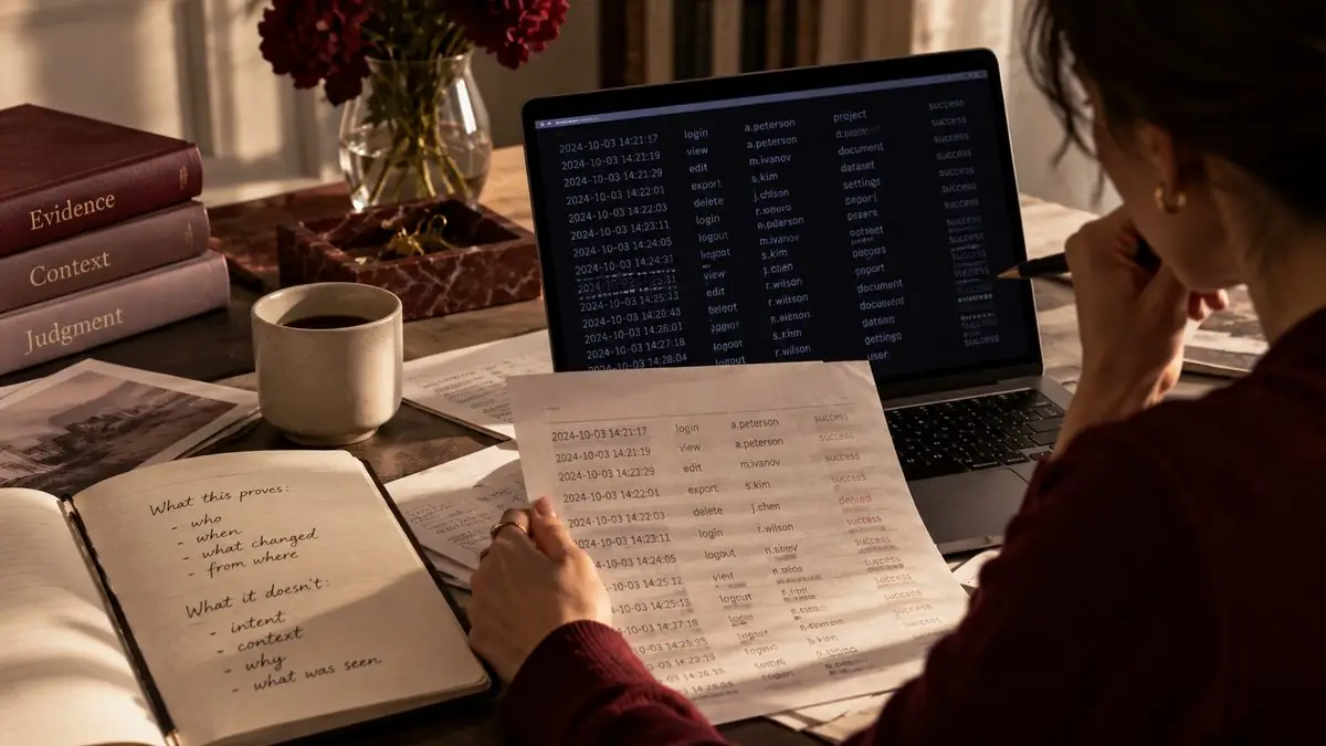 Researcher reviewing an audit log on a laptop and a printed log, with notes on what the log proves and what it does not