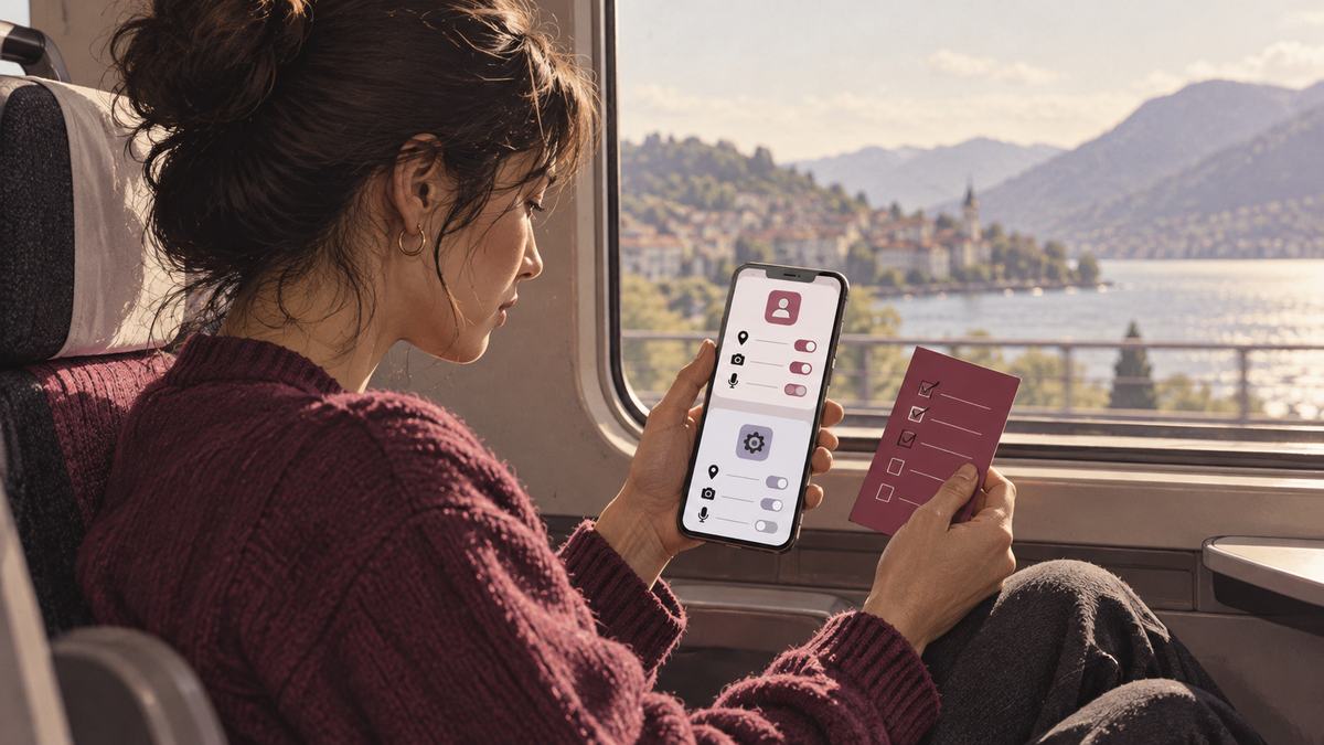A train passenger compares phone permission icons with a pocket checklist.
