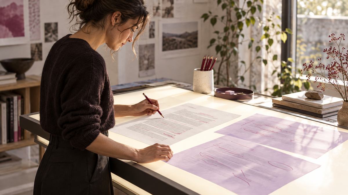 An editor reviews printed pages on a light table with a red pencil.