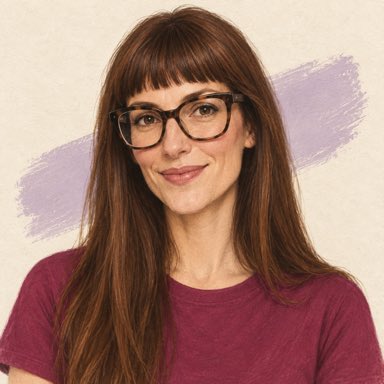 Illustrated portrait of Asya wearing tortoiseshell glasses with long straight chestnut hair