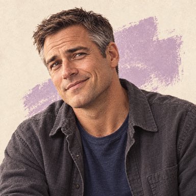 Illustrated portrait of Tom with short salt-and-pepper hair and a charcoal overshirt